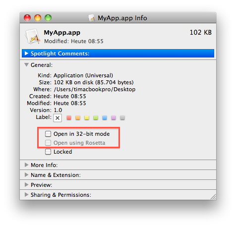 ‘Open in 32-bit mode’ checkbox in the Finder