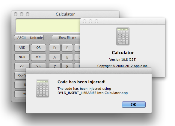 Modifying Calculator.app AboutBox to display a custom alert